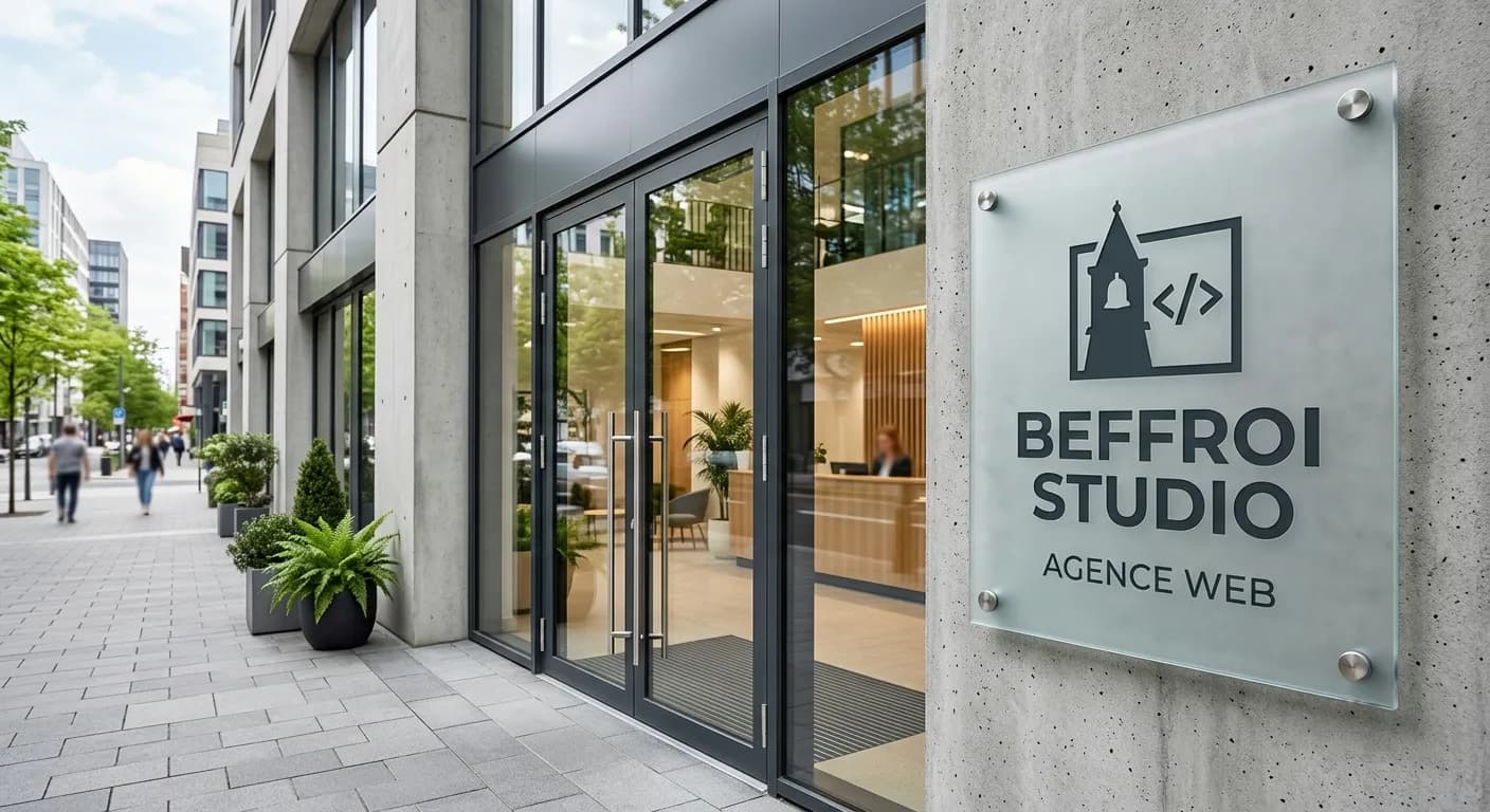 Entrée des locaux de Beffroi Studio à Lille, avec le panneau de l'agence