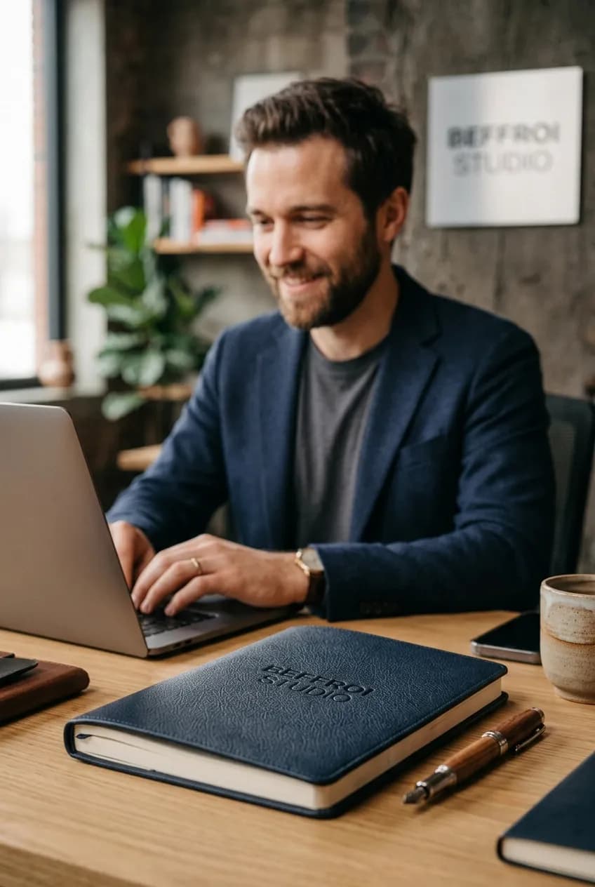 Evan Azemard, développeur de Beffroi Studio, en train de coder un site sur-mesure sur son ordinateur portable