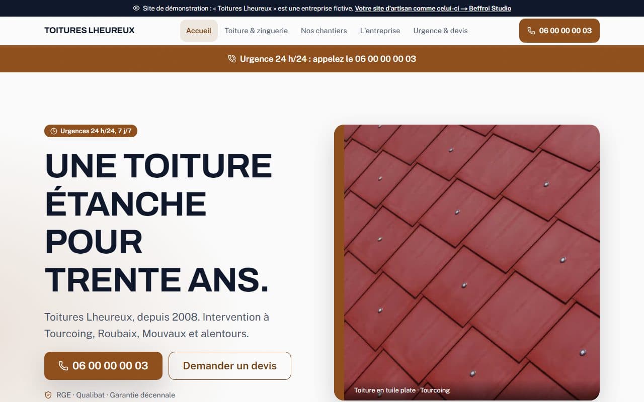 Aperçu du site de démonstration Toitures Lheureux
