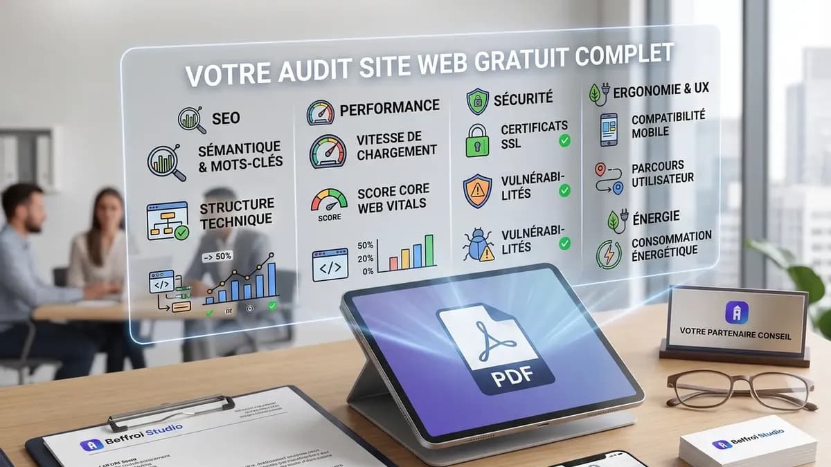 Rapport d'audit de site web : référencement, performance, sécurité, ergonomie et consommation énergétique, remis en PDF